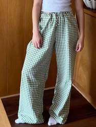 Y2k Vinatge Plaid Wide Leg Pants for Women High Waist Drawstring Pants Casual Lounge Pants Loose Trousers Sweatpants Bottoms