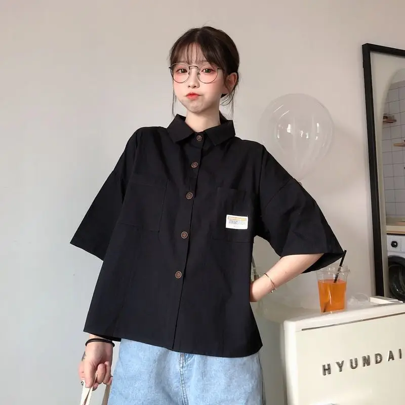 Korean Black Short Blouse Summer New Short Sleeve Polo Neck Button Solid All-match Youth Shirt Tops Vintage Casual Women Clothes