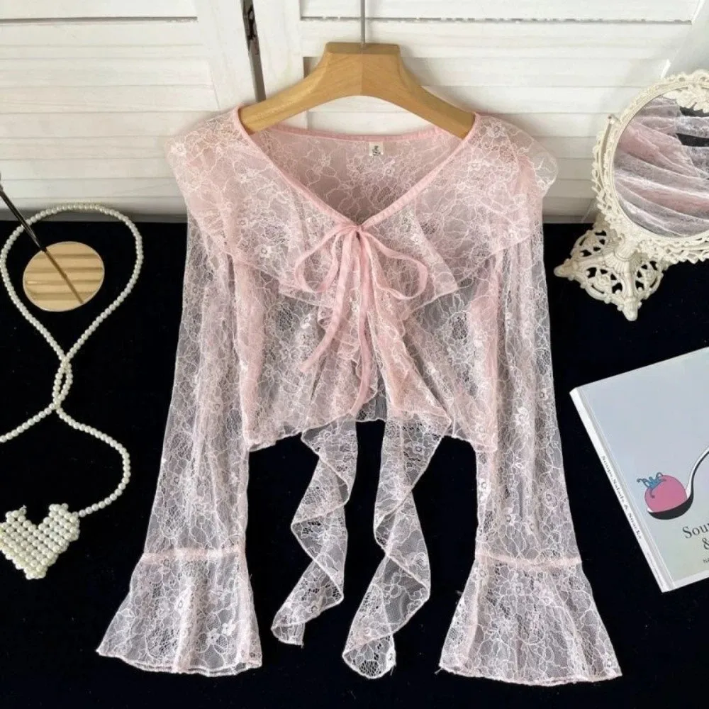 

V-Neck Lace Cardigan Flared Sleeve Hollow Out Sun Protection Cardigan Lightweight Ruffle Edge Sun-proof Shirt Spring Summer Wear