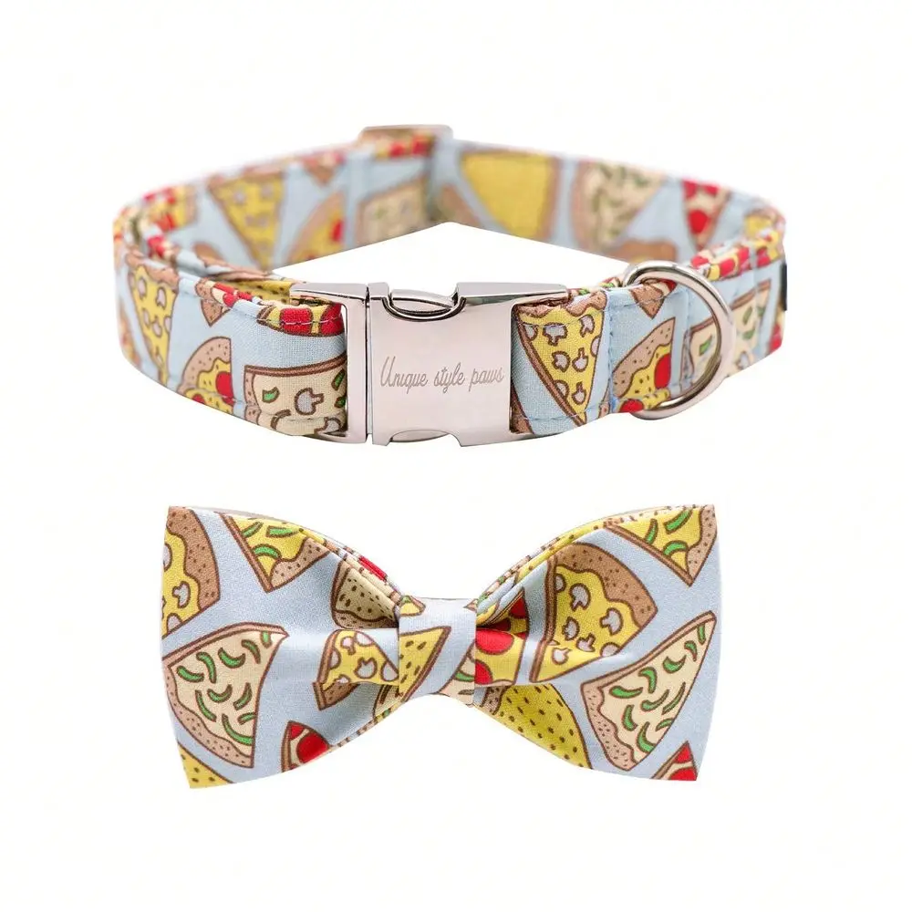 

Style Paws Adjustable Dog Collar With Bow Tie Delicious Pizza Pattern Design Soft Cotton Pet Collars For Small Medium Large Dog