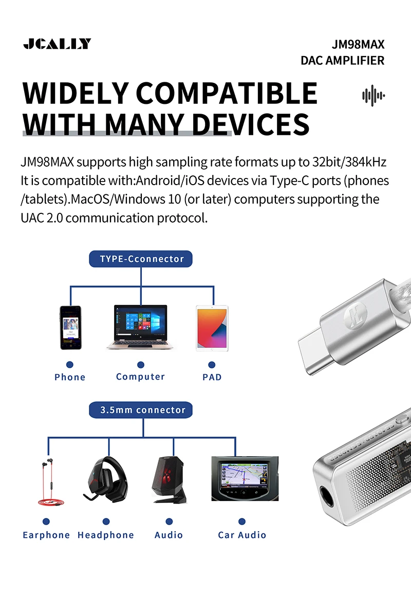 Für iPhone Xiaomi Verbesserter JCALLY JM98Max Kopfhörerverstärker USB-C auf 3,5mm Dual-Chip Decoder CS43198 Kopfhöreradapterkabel – Detail 18