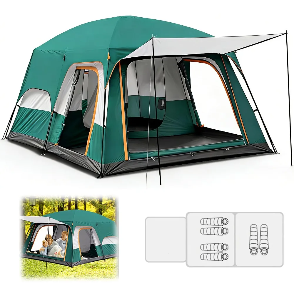 Carpa de Camping para 3-12 Personas, Doble Capa, 2 Habitaciones, Tipo Túnel Familiar, Impermeable, Resistente al Viento, Protección UV, para Senderismo y Excursionismo