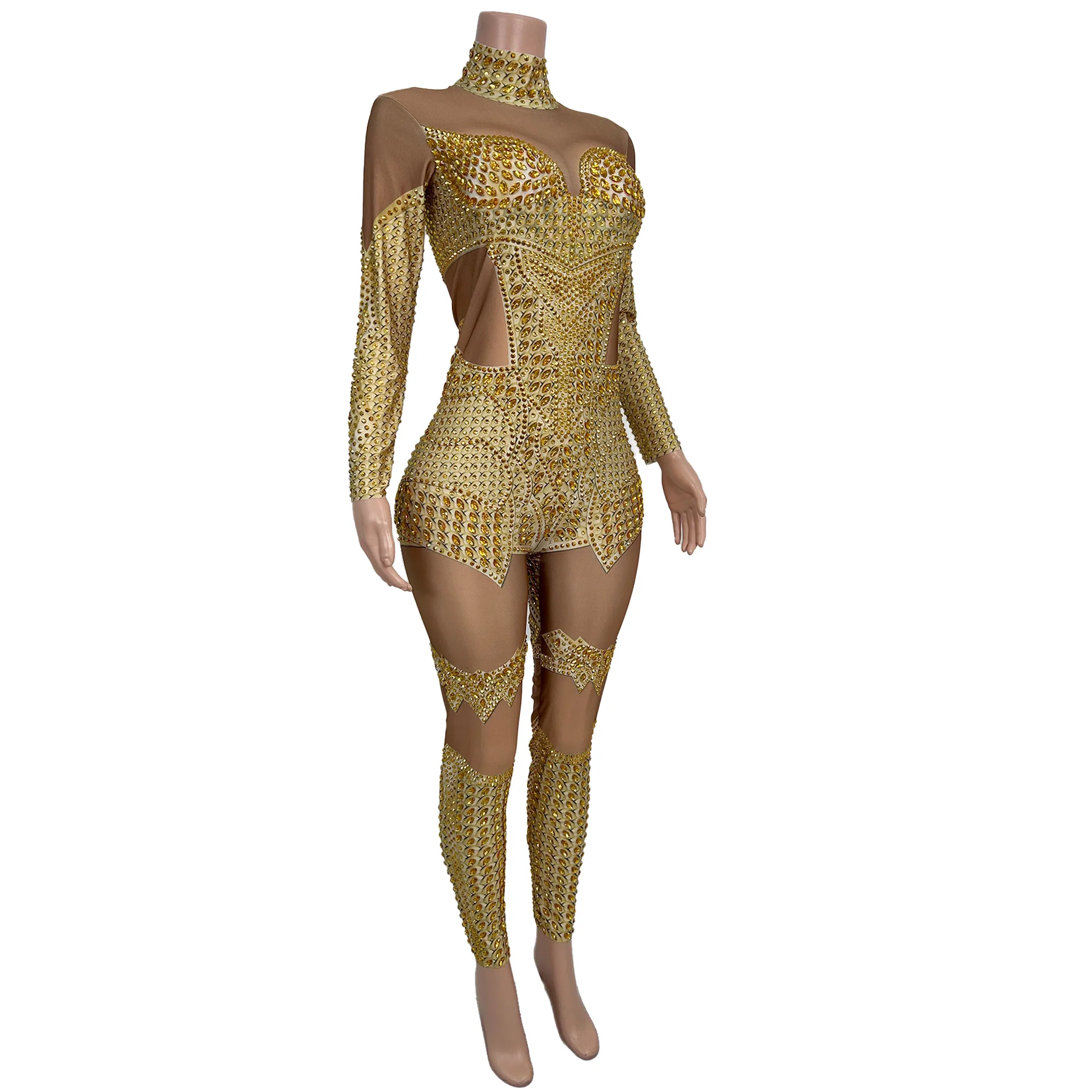 Shengdoushi Sprankelende Gouden Strass Jumpsuit Hoge Elasticiteit Strakke Broek Bar Prestaties Outfit Kerstmis Nieuwjaar Prom Jassen