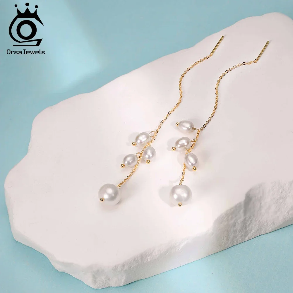 

ORSA JEWELS 925 Sterling Silver Long Link Chain with Natural Pearl Drop Earrings for Women Personality Ear Jewelry GPE127