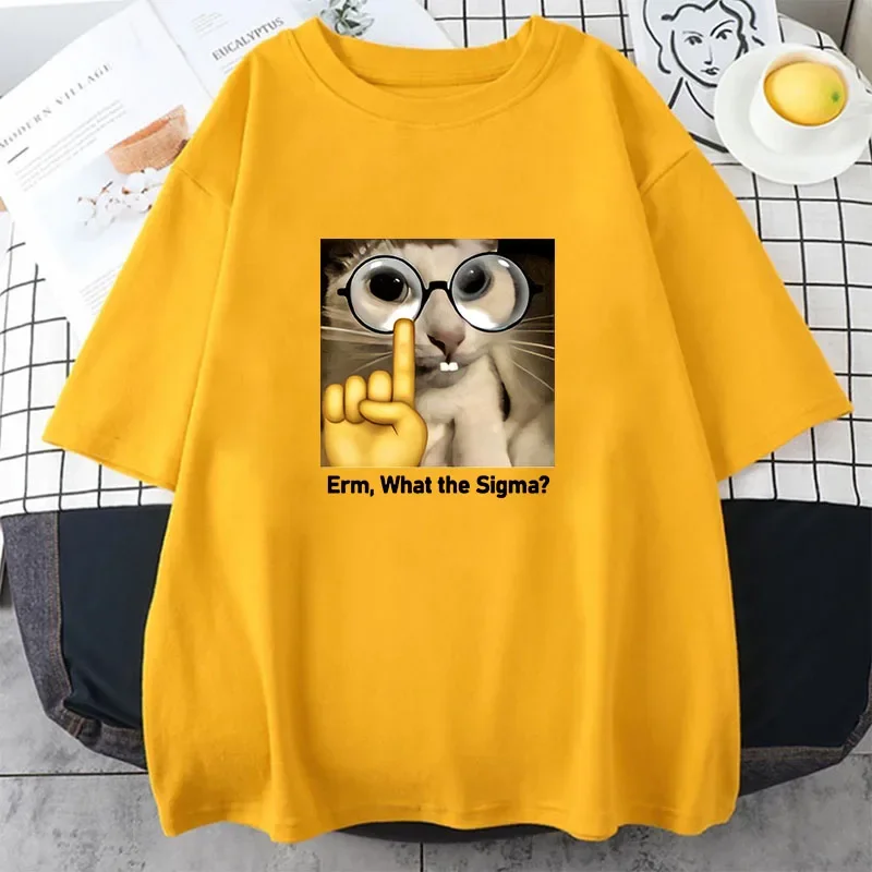 Erm, What Sigma? Funny Meme 2025 Summer T-shirts For Men Women Silly Cat Humor Printed Fashion Tops O-Neck Short Sleeve