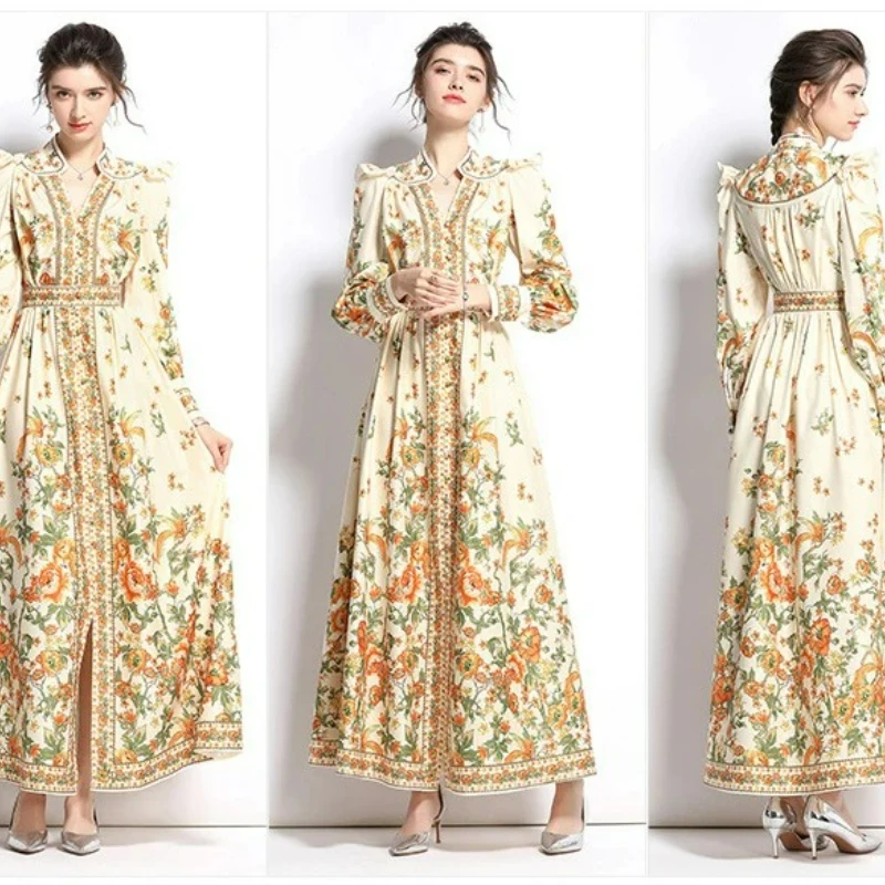 Women's Dress Palace Retro Printing Spring Autumn Winter Long Sleeve Elegant Dresses Single Breasted A-Line Shirts Vestidos Robe