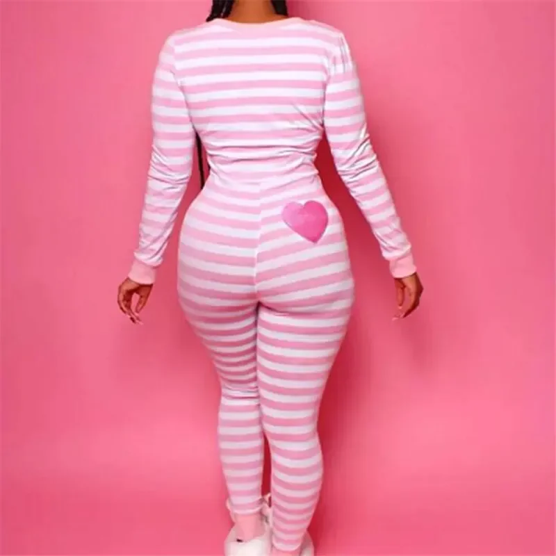 Women Long Sleeve Bodysuit Slim Fit Top Autumn Spring Gray Pink Striped Leotard Jumpsuit Fashion Female Bodycon Long Trousers