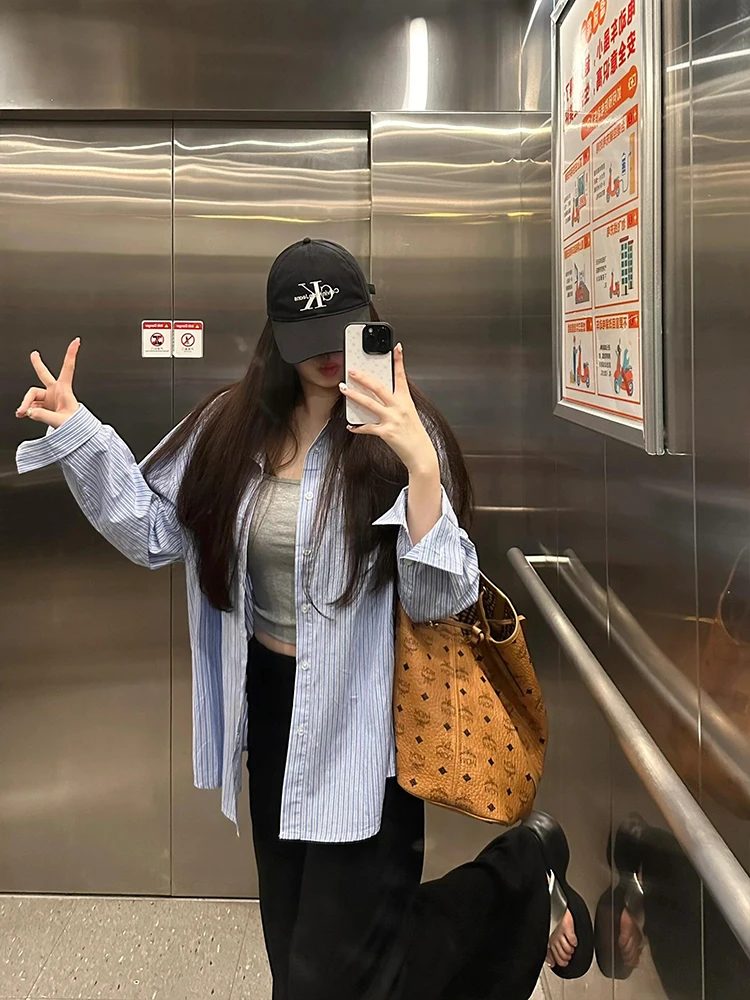 

Женский длинный солнцезащитный топ Ele в синюю полоску с вышивкой irt, модный летний топ 2024, новое поступление