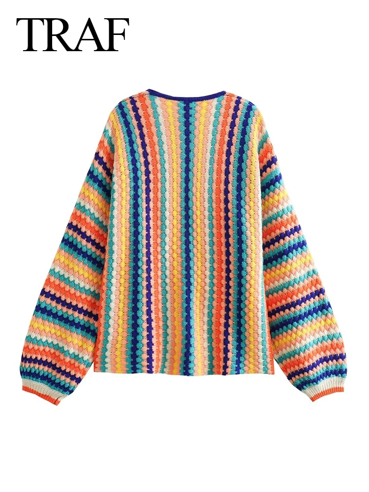 TRAF Autumn Fashion Women Streetwear Crochet Striped Knit Open Stitch Colorful Sweater Vintage Loose Long Sleeve Cardigans