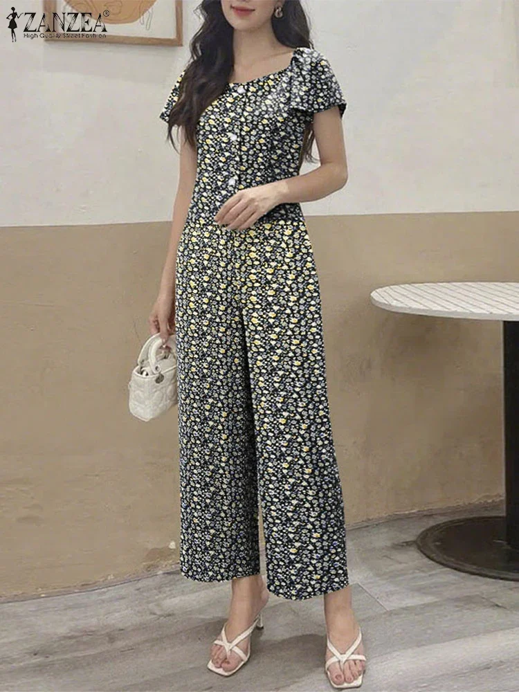 

ZANZEA 2025 Floral Printed Pants Sets Women Short Sleeve Tops Long Trousers Beach Summer Matching Sets Elegant Outfits 2pcs