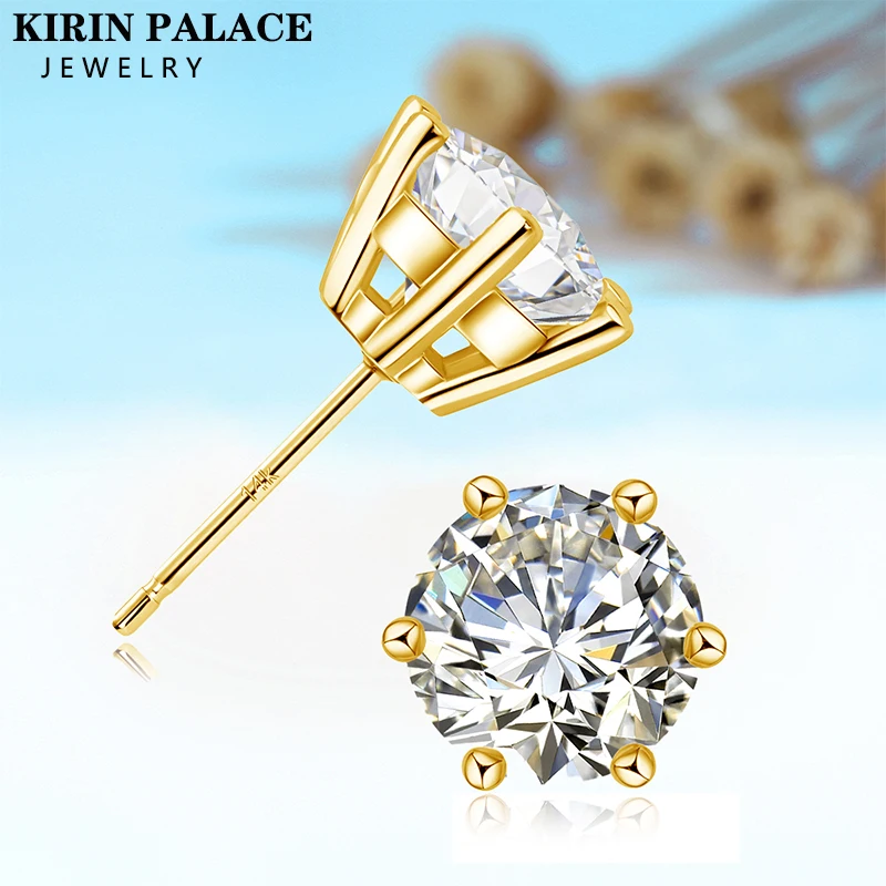 2ct Moissanite AU585 Earrings For Men Lab Diamond Yellow Gold 100% 14K Gold Stud Earring Luxury Fine Jewelry Women