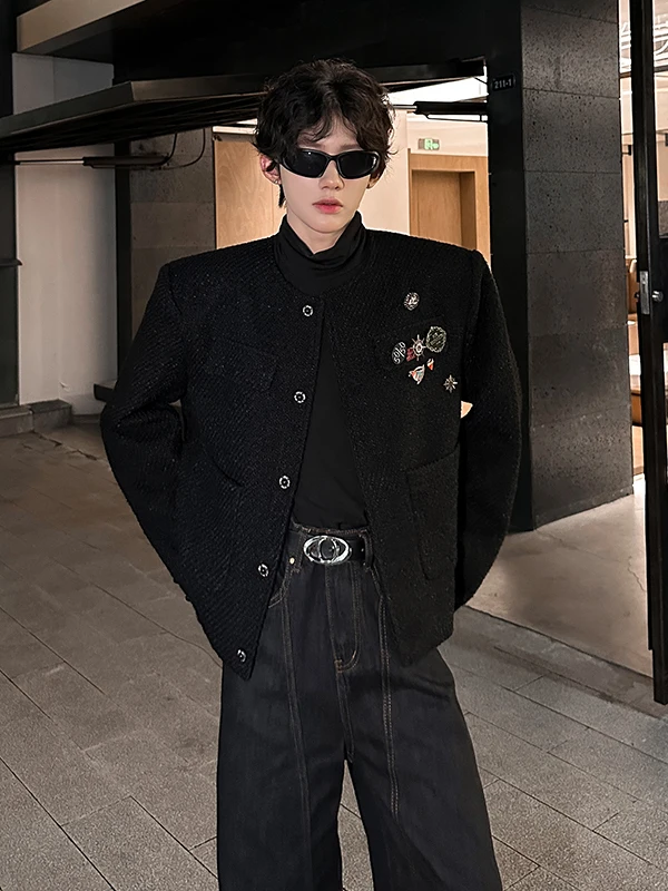 

TANGZ STUDIO Men's Faionable Bla Woolen Jaet oulder Padded ort Sle Urban Sle Autumn Wear Casual Outerwear