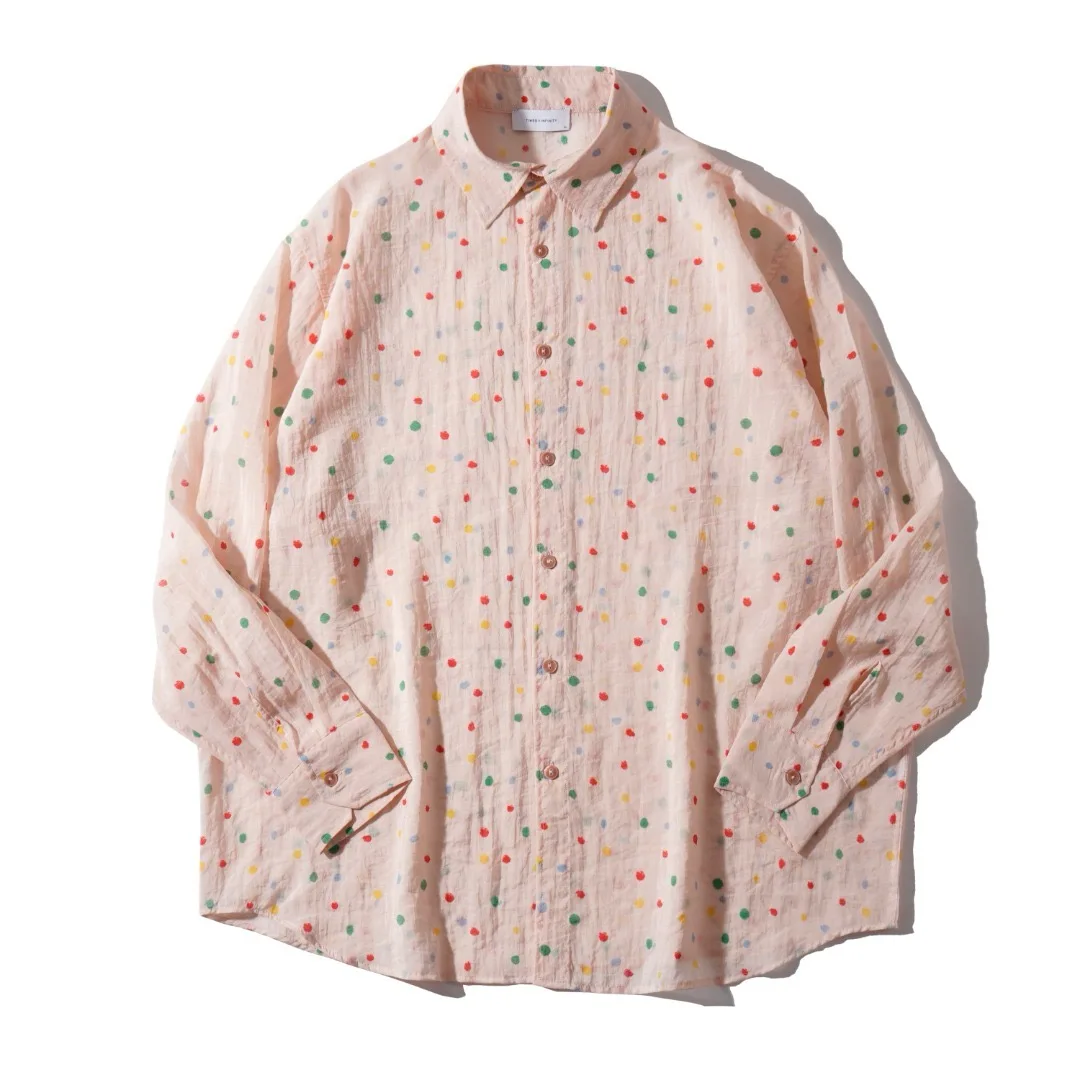 Summer Thin Colorful Polka Dot Sun Protection Shirt Japanese Art Lazy Style Oversized Long Sleeve Blouse Coat