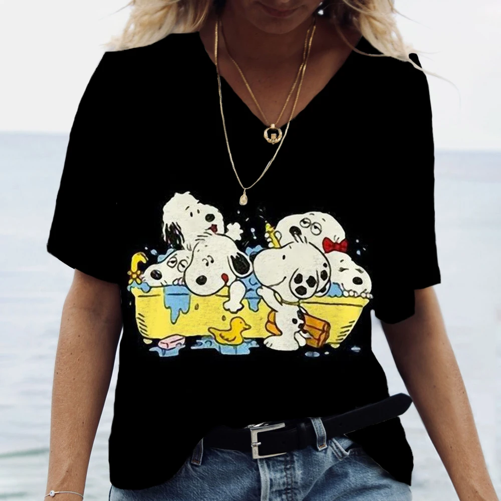 Vintage Women\'s T Shirt Snoopy cartoon print Tops Ladies Clothing V-neck Harajuku Pullover Summer Oversized Short Sleeve Tees