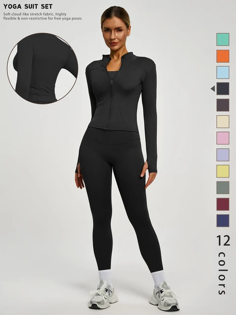Fitfemme 2Pcs Women's Spring Yoga Sport Suit High Waist Legging Jacket Lifting Running Pants Outdoor Set