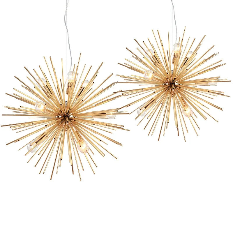 Creative Lamp Golden American Post-modern Simple Dandelion Hedgehog Chandelier Aluminum Tube Spark Ball  Restaurant Chandelier