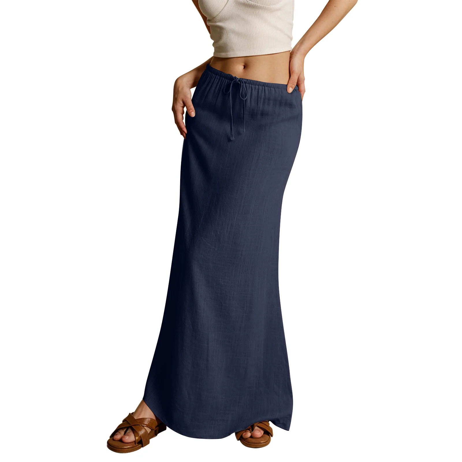Sister Star Women's Skirt Fashion Casual Solid Color Drawstring Elastic Waist Multi-color Elegant Commuter Versatile Midi Skirt