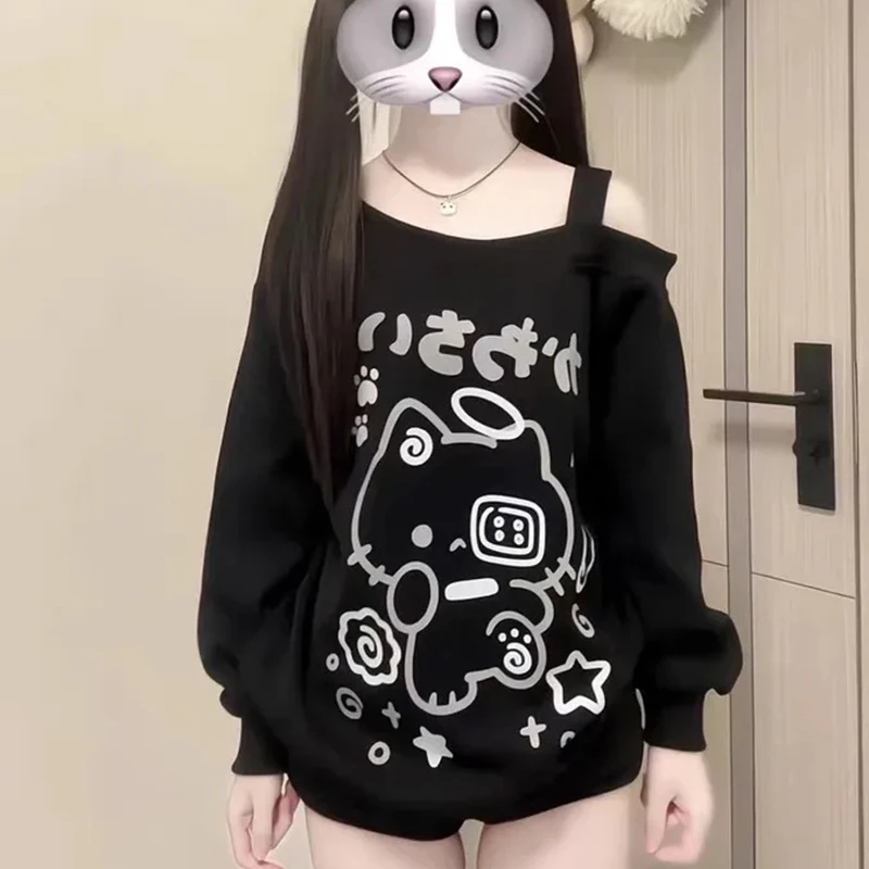 

Japan Subculture Tee Women Cat Print Sexy Off Shoulder T Shirt Long Sleeve Harajuku Y2K Black Perppy Style Casual Top