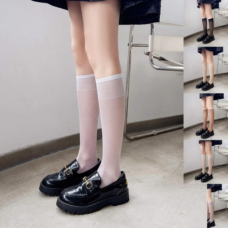 

20 Pairs Women Japanese Student Solid Color Sheer Over Calf Socks Breathable Silk Thin Knee Length Stockings