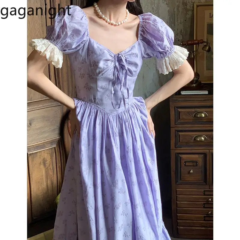 Gaganight Women Misty Purple Cloud French Style Retro Fairy Style Dress 2024 Summer New Slim Fit Fairy Dresses Female Vestidos