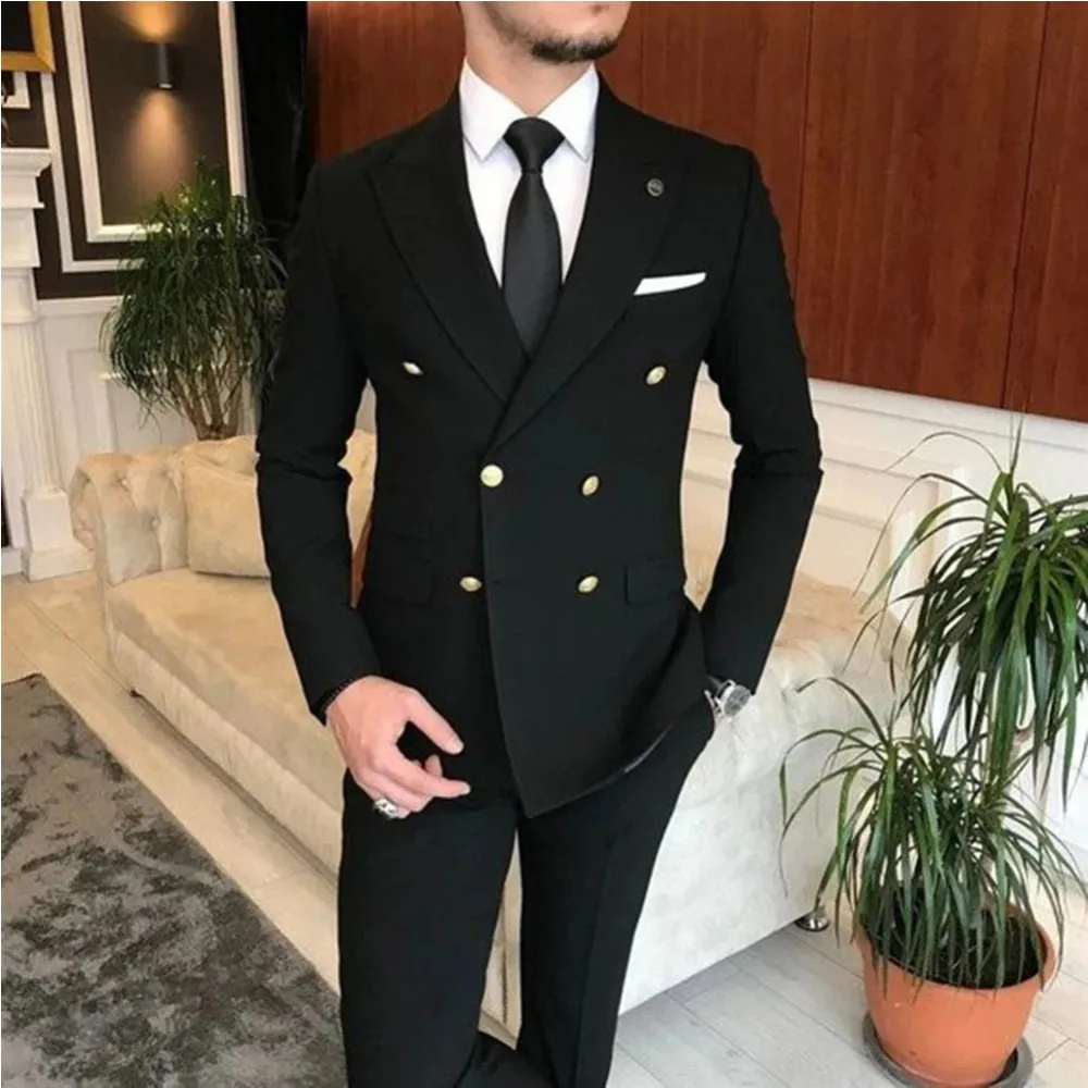 

Black Men Suits Slim Fit Double Breasted Elegant Business Groom Wedding Party Dress Tailor Costume Homme Mariage 2 Pieces