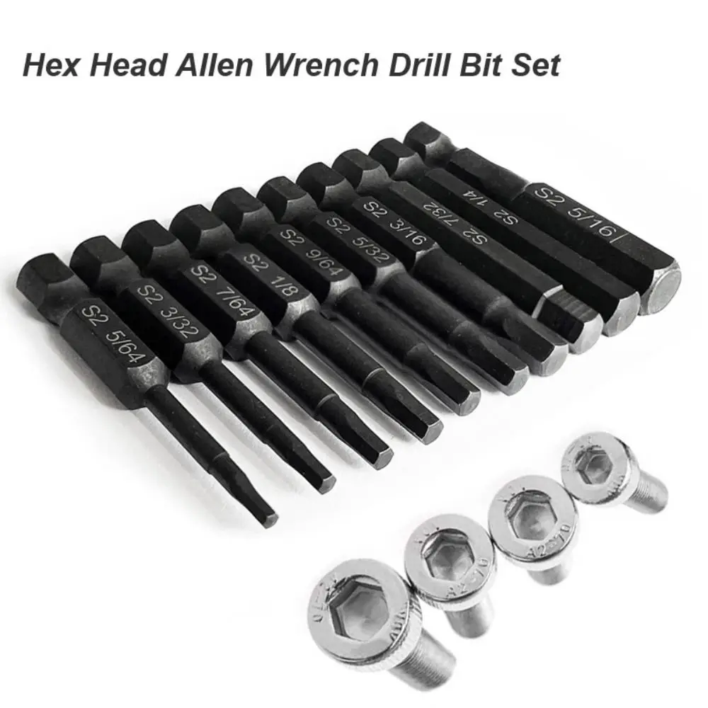 10PCS SAE/Metric Hex Screwdriver Head Allen Wrench Drill Bit Set 1/4\