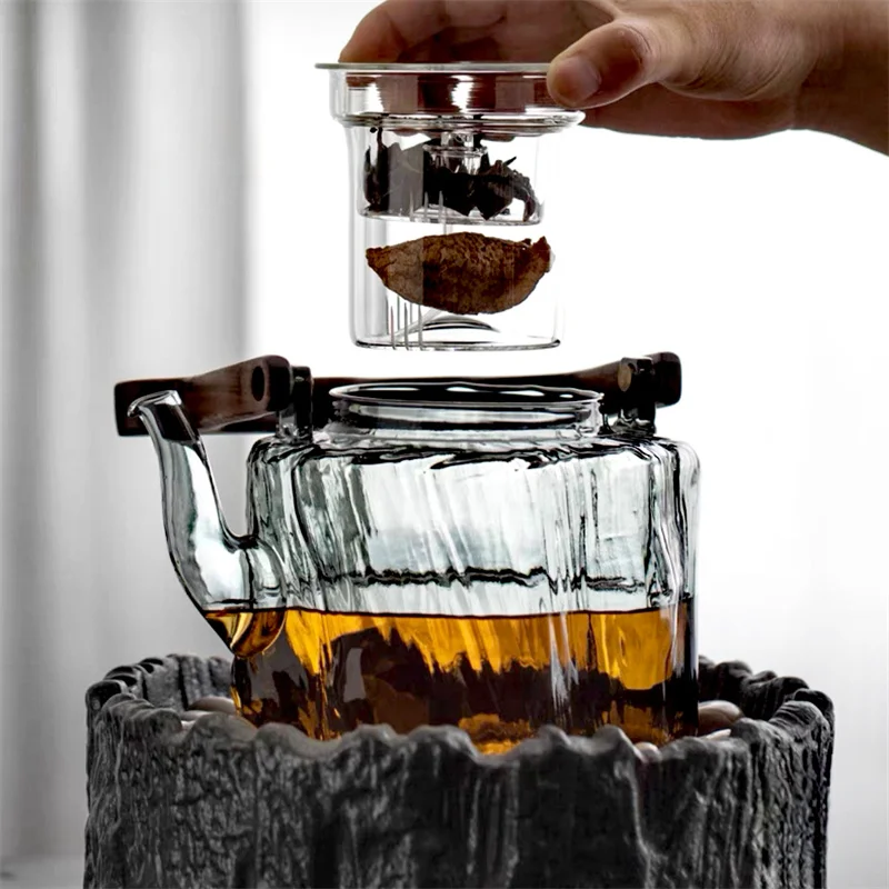 1300ML Bark Texture Glass Teapot With Wooden Beam Large Capacity Steaming and Cookig Tea Pot Kungfu Tea Set Teaware