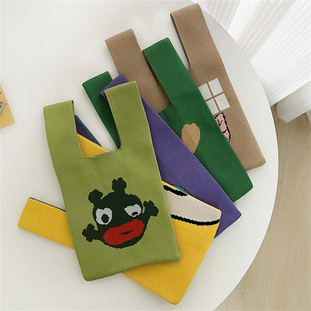 Bolsa de malha artesanal fofa dos desenhos animados para mulheres, bolsa de pulso mini nó, estilo japonês, sacola casual, sacola de compras reutilizável, colorida