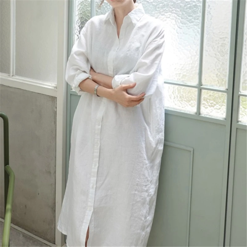 Camicetta lunga da donna bianca autunnale 2024 nuova tinta unita elegante manica lunga coreana monopetto Casual camicie larghe femminili