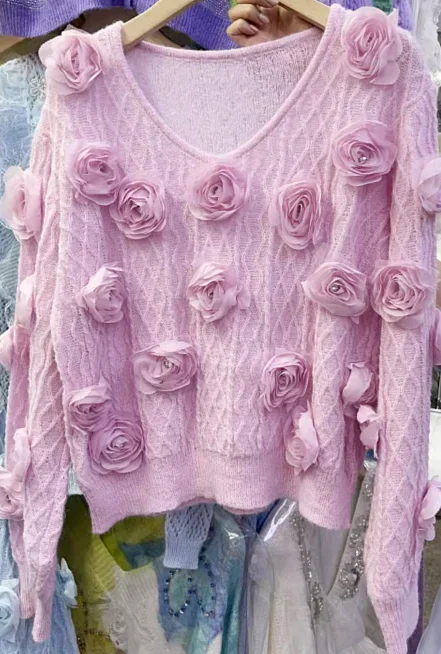 Exquisite Flowers Diamond-Embedded Long-Sleeved Sweater Women 2023 Autumn Winter Korean Style High Waist Short Pink Knitwear