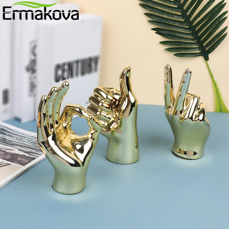 ERMAKOVA Nordic Creative Gold Plating Finger Art Sculpture Abstract Gesture Statue Ceramics Crafts Living Room Decorations