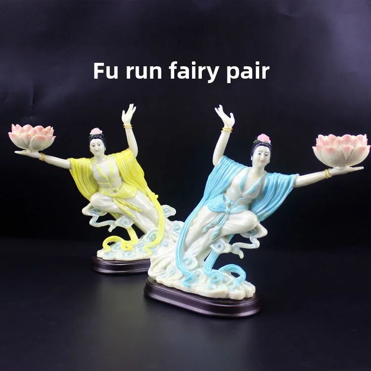 SGF Fairy Resin Lotus Offering Buddha Lamp Temple Ceremony Pair Ornament