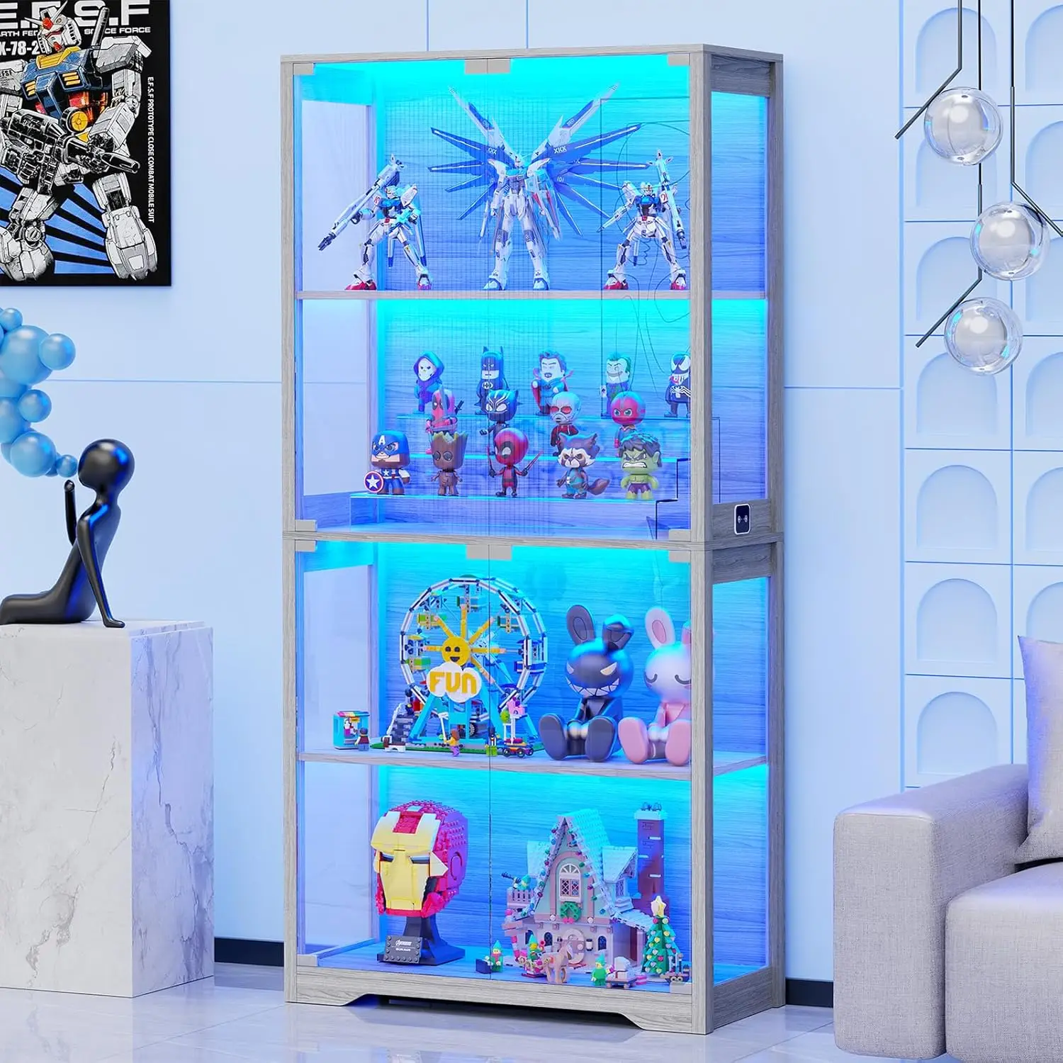 Display Cabinet with Glass Doors, 4-Tier Curio Cabinet with 3 Color Lights for Collectibles, Glass Display Case