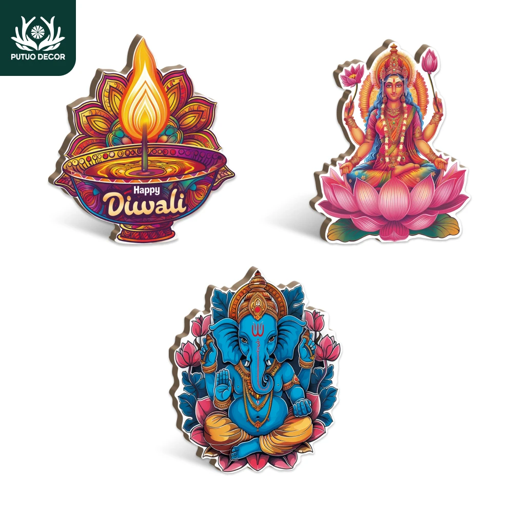 

Putuo Decor 3pc Wooden Table Decoration, The Hindu festival of Diwali, Tabletop Decoration for Home Office living Room Shop