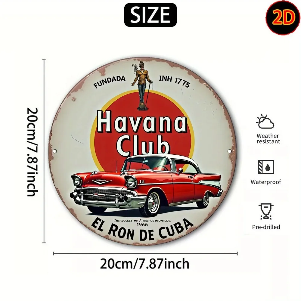 لافتة فنية جدارية معدنية مسطحة ثنائية الأبعاد من نادي هافانا الكوبي الكوبي - ديكور دائري من الألومنيوم بتصميم قديم مع تصميم أحمر وأصفر، 20 × 20 سم/7.8 #3