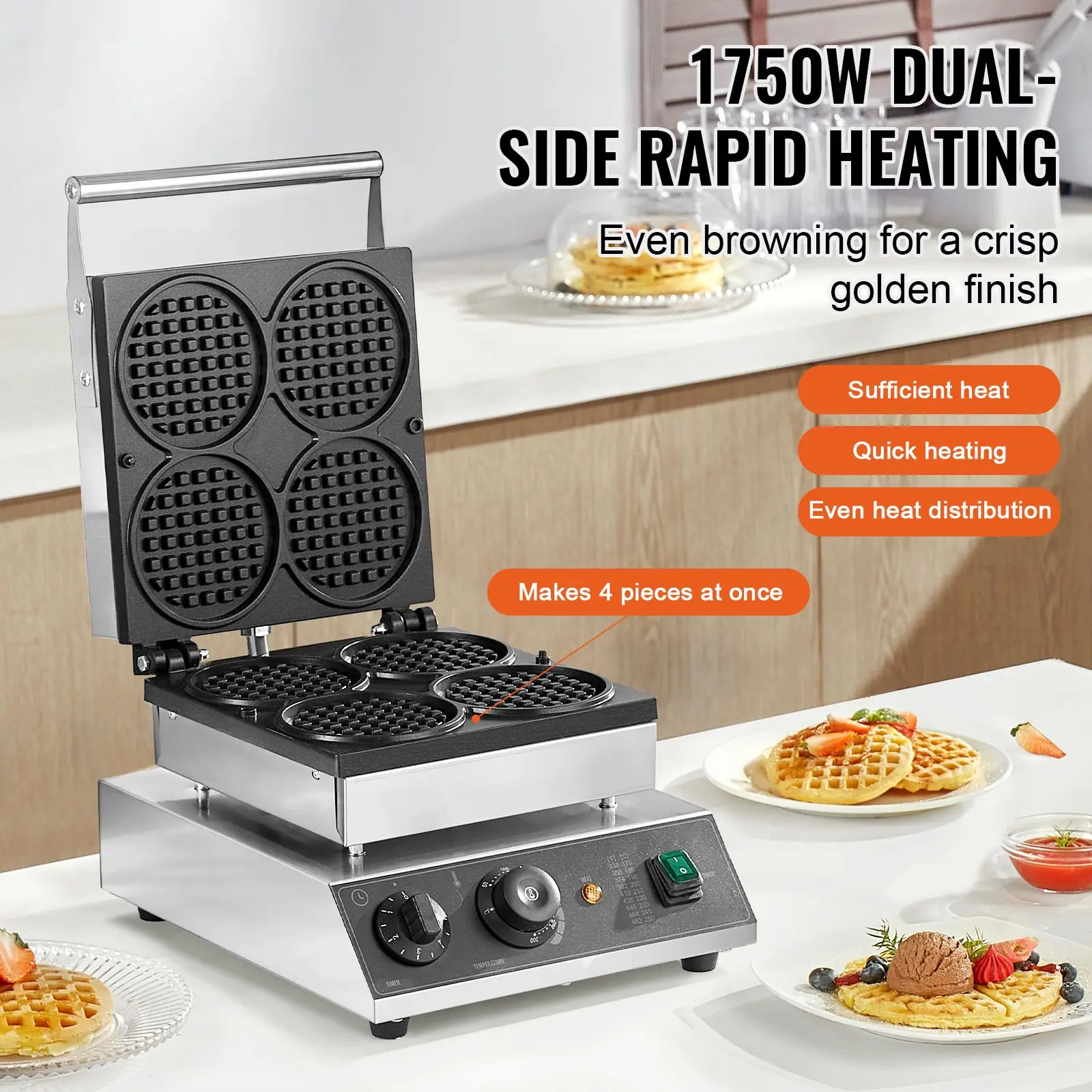Commercial Waffle Maker, 4PCS Round Baker Machine,1750W Non-Stick Stainless Steel Belgian Iron with Temperature and Time