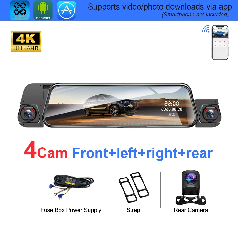 4-kanaals streaming dashcam met 4 camera's, app-besturing, 24-uurs parkeermodus, bewegingsdetectie, G-sensor, loop recording, time lapse, WDR
