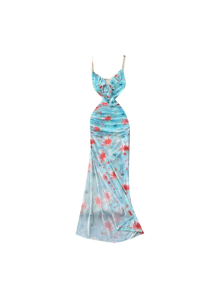 Summer Holiday Floral Me Bal Strap V-ne Gown Women's High Waist A-line Midi Dr Korean Sle Commute Dr