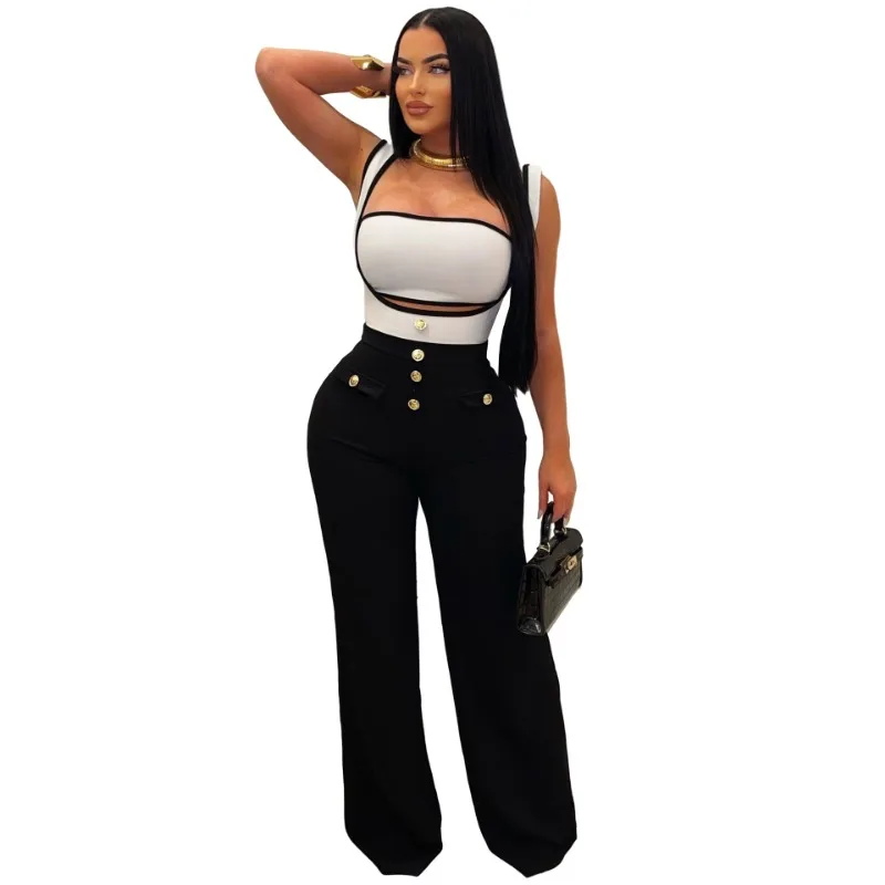

Women Fashion 2 Piece Set Strapless Crop Top Color Patchwork Buttons Spaghetti Straps Wide Leg Pants Jumpsuits Streetwear
