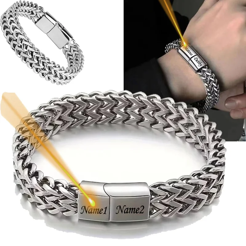 

Custom Name Stainless Steel Men Braided Double Row Front Rear Fish Scale Alloy Magnetic Buckle Bracelet with Keel Lovers Jewelry