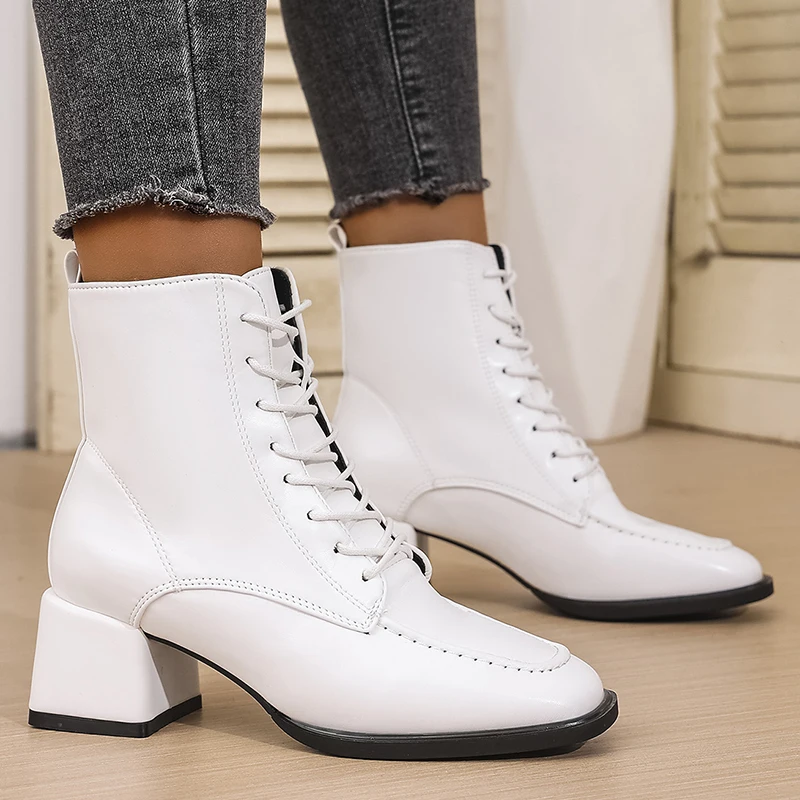 New All-Match Thick Heel Boots for Women British Style Square Toe Lace Up Boots Woman Comfortable Mid-Heel Plus Size Botsa Lady