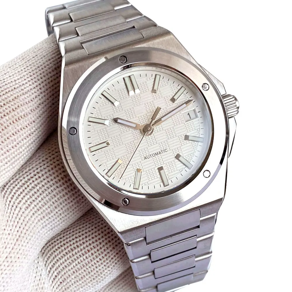 Tandorio 40 mm weiß kariertes Gitter-Zifferblatt, leuchtende NH35 mechanische Herren-Armbanduhr, Saphirglas, Stahlarmband, Datumsstab-Index 3
