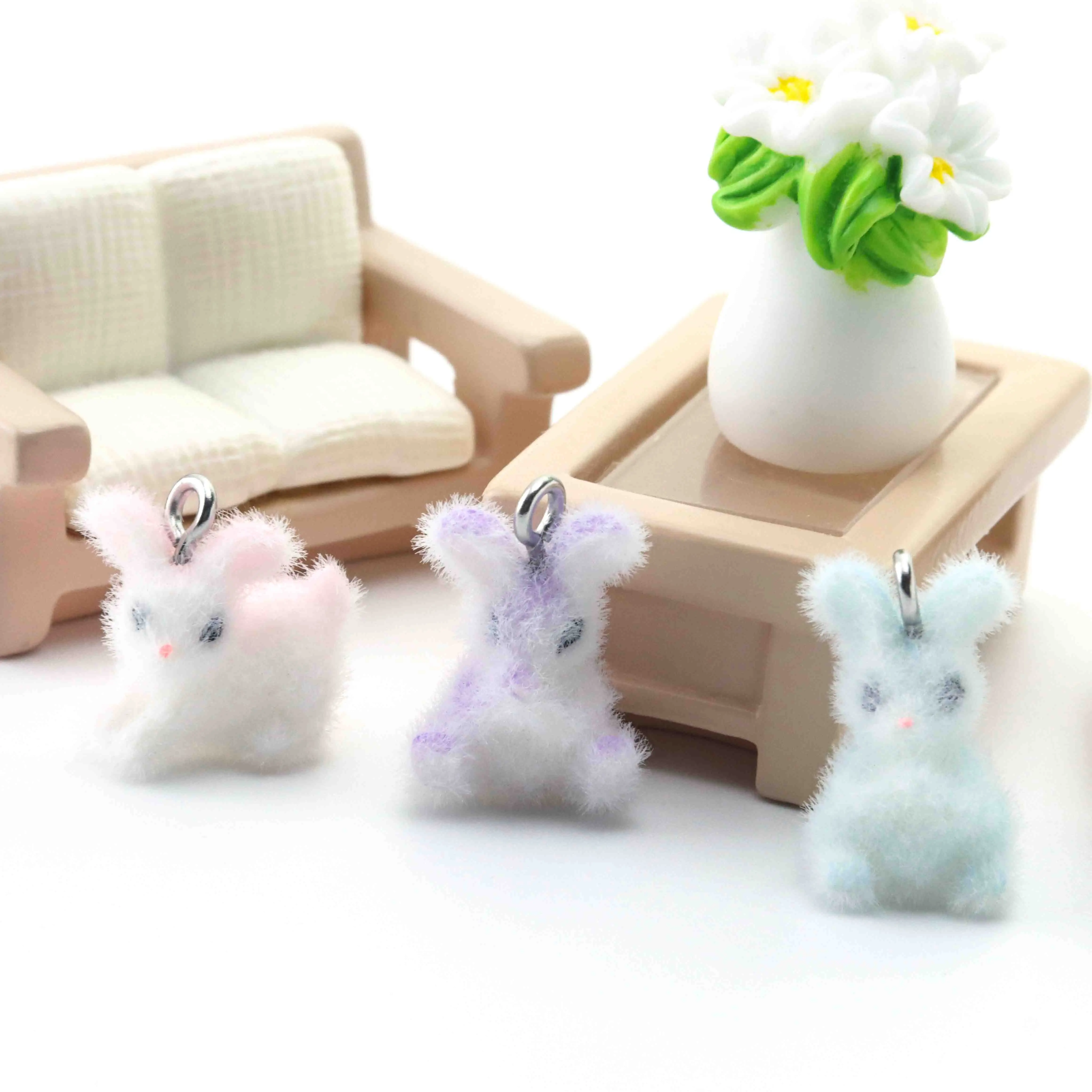 10pcs Resin Flocking Charms 3D Mini Bunny Pendant For Jewelry Making Keychain Earrings Car Accessories Material