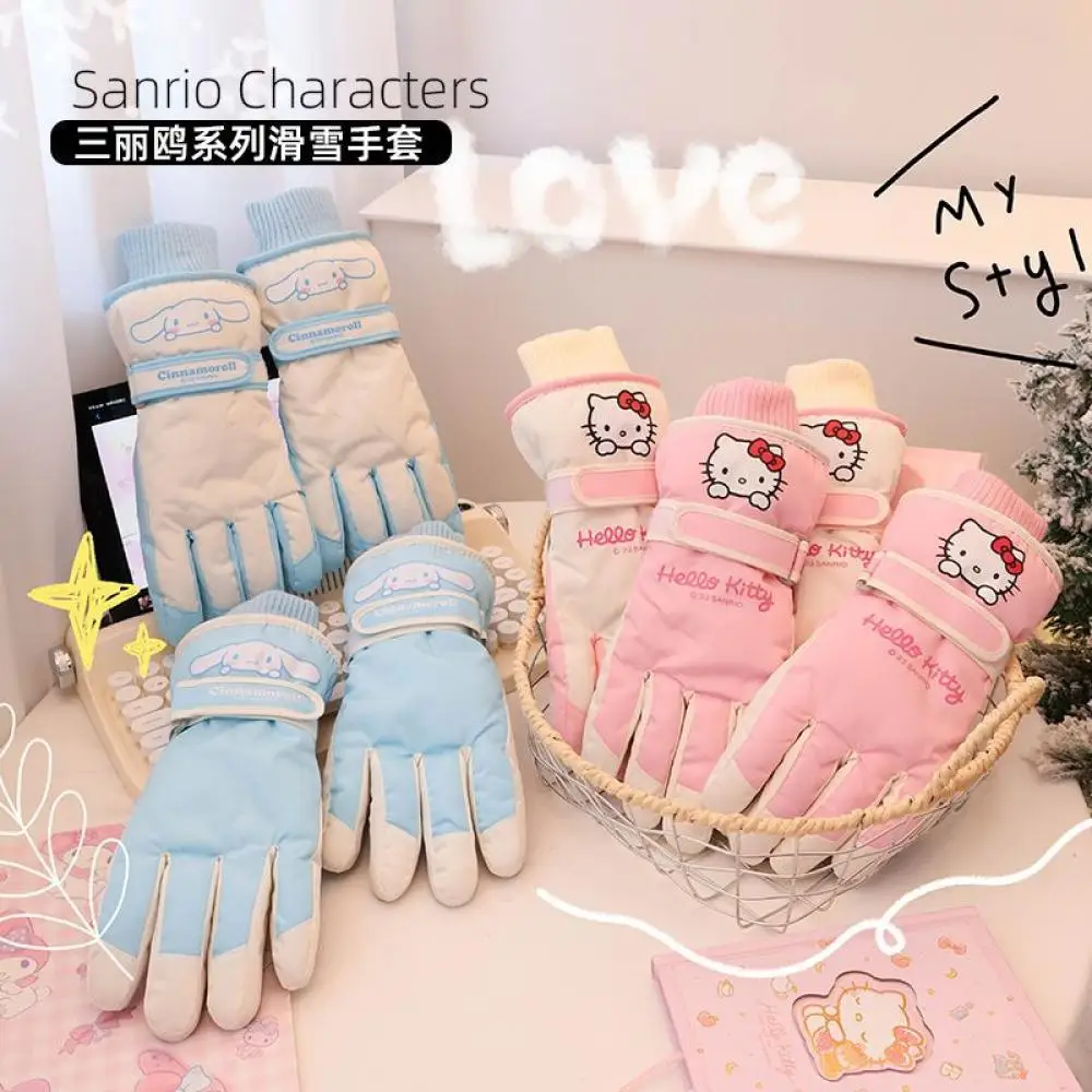 Sanrioed Kawaii Hello Kitty Warm Plush Touch Screen Ski Gloves Anime Cinnamoroll Soft Gloves Winter Outdoor Windproof Girls Gift