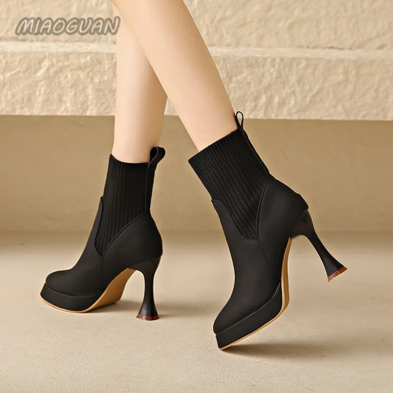 Kurze Damenstiefel mit hohem Absatz, elastischer, schmaler Zehenbereich, ohne Schnürung, Frühling/Herbst_voghion.com