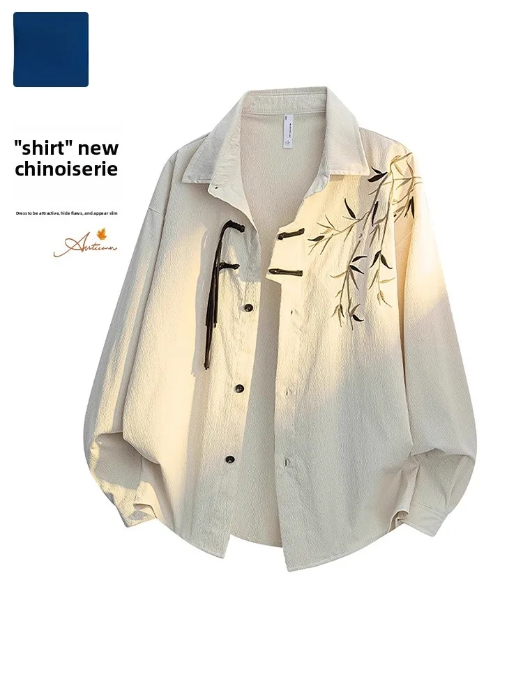 

New Chinese Sle Long Sve Men's irt Casual Embroidered Loose Fit Autumn 2025 Couple's Faion Breathable Polyester