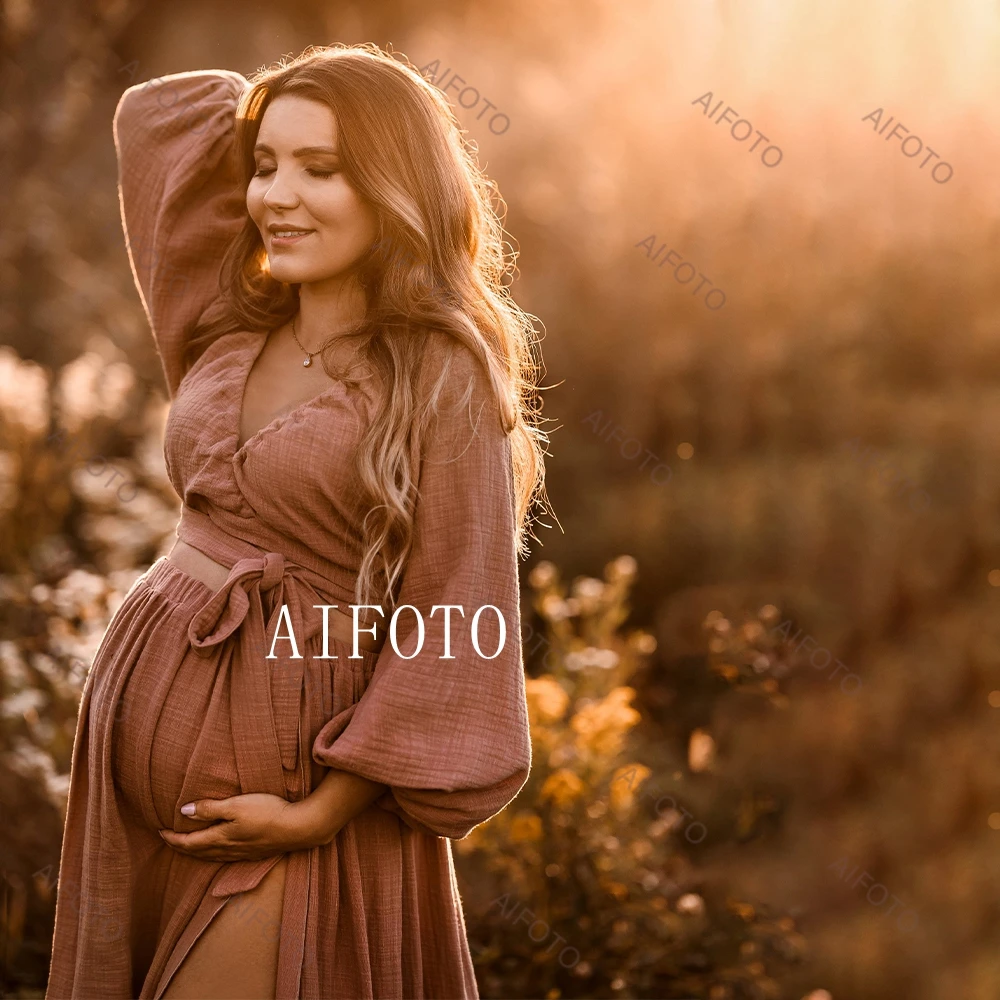 Linen Cotton Pregnant Women\'s Boho Two-Pieces Dress Pregnancy Photo Shoot Props Maternity Gown Vintage Top And Skirt Baby Shower