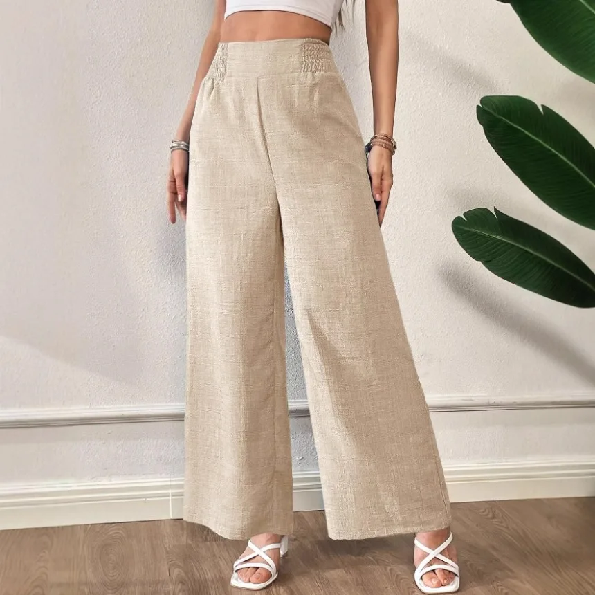 Slimming High Waist Wide Leg Pants Pure Color Splicing Long Trousers for Women Spring Summer New Style Cross-Border Casual Pants