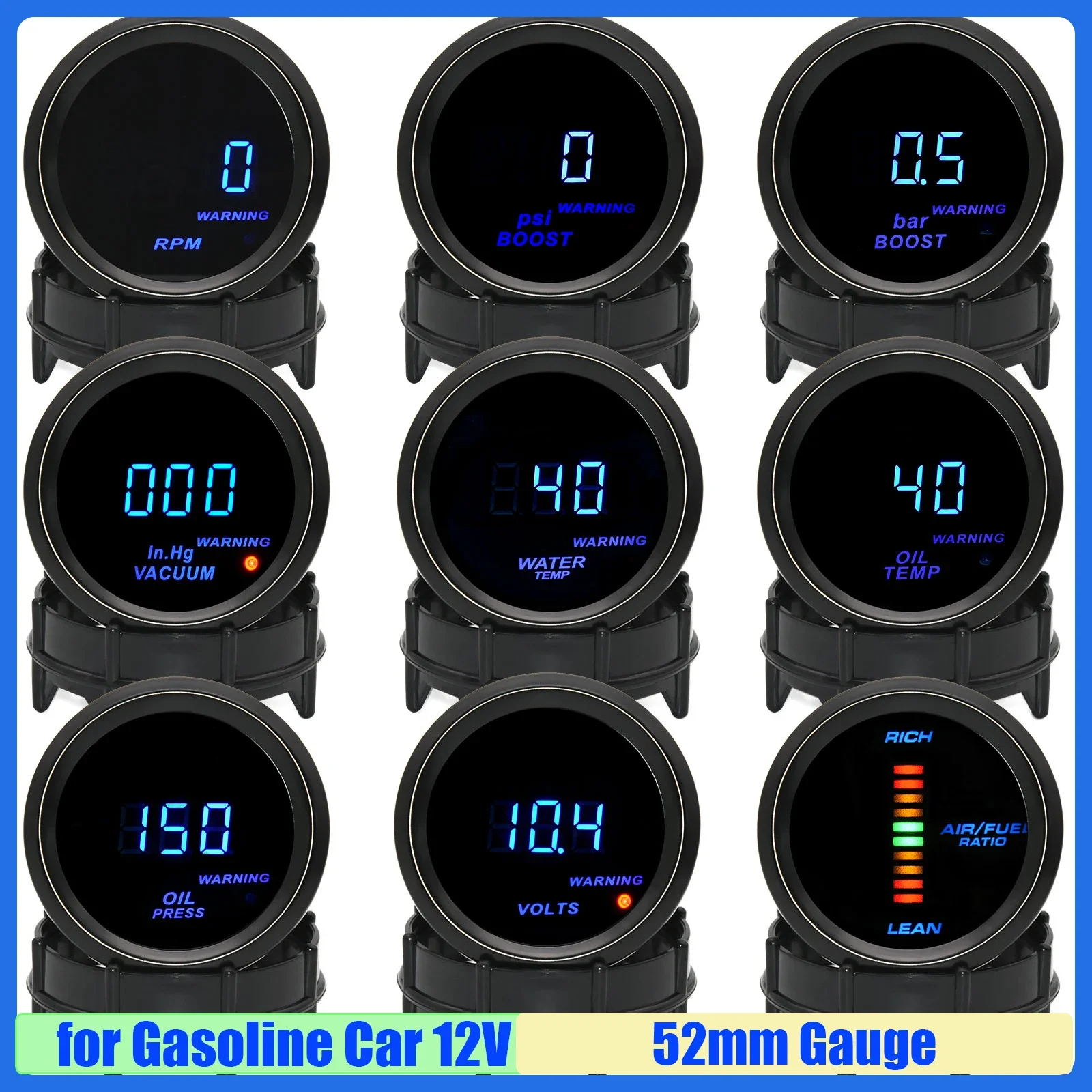 

MAIMEIMI бензиновый автомобильный 12 В цифровой 52 мм турбонаддува счетчик BAR PSI тахометр температура воды масла масло пресс воздух соотношение топлива вакуум
