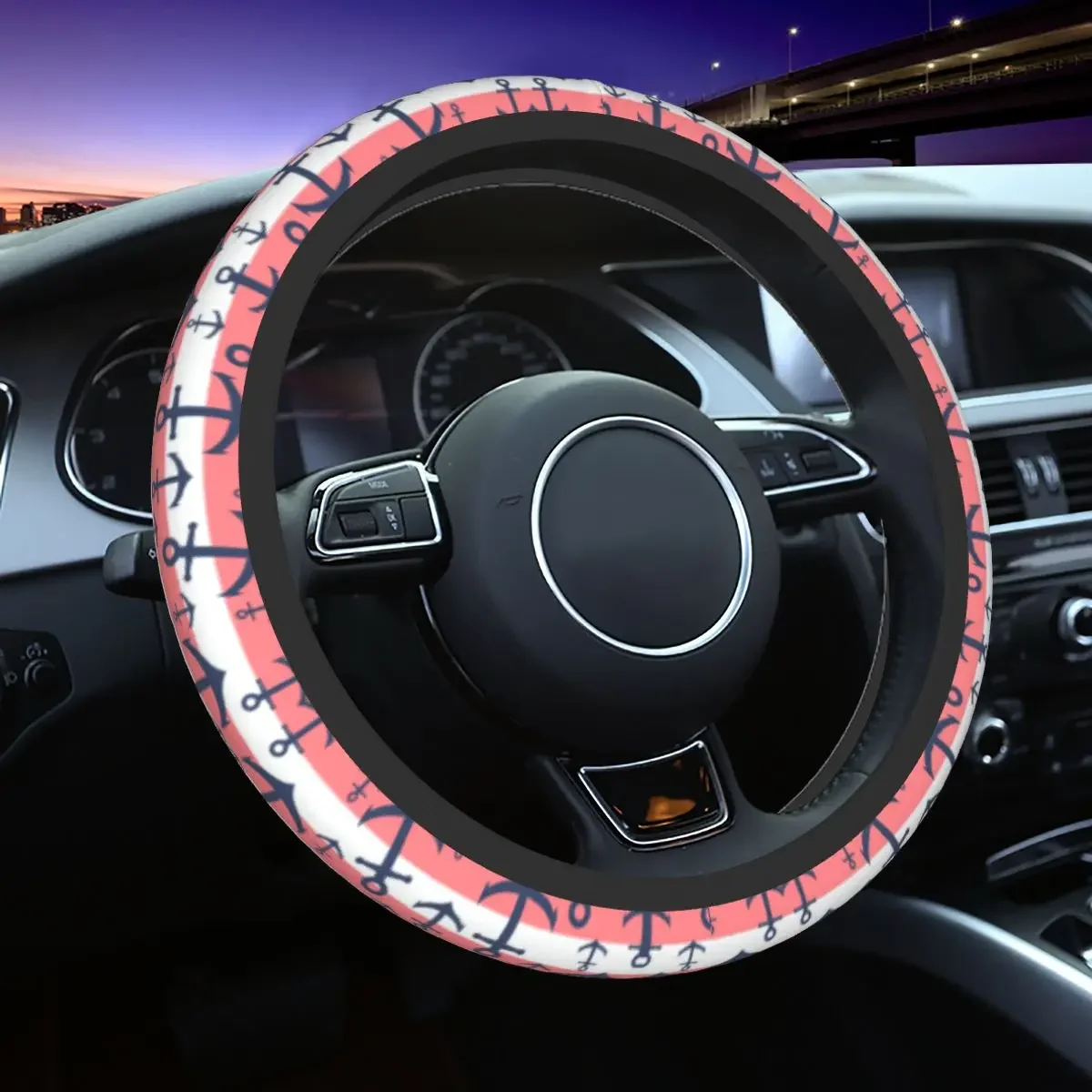 Nautical Coral Stripe Navy Blue Anchor Pattern Steering Wheel Cover Sailing Sailor Steering Wheel Protector Car Accessories